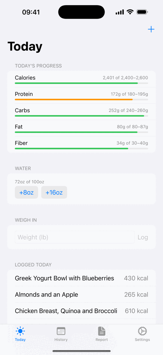MacroTracker Today screen showing calories, protein, carbs, fat and fiber against daily target ranges, water intake and the meals logged so far.